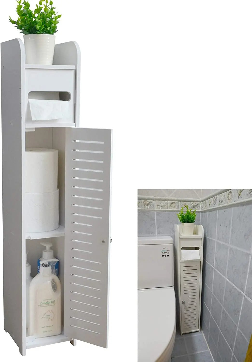 Estante de Baño Delgado con Porta Papel – Ahorra Espacio con Estilo